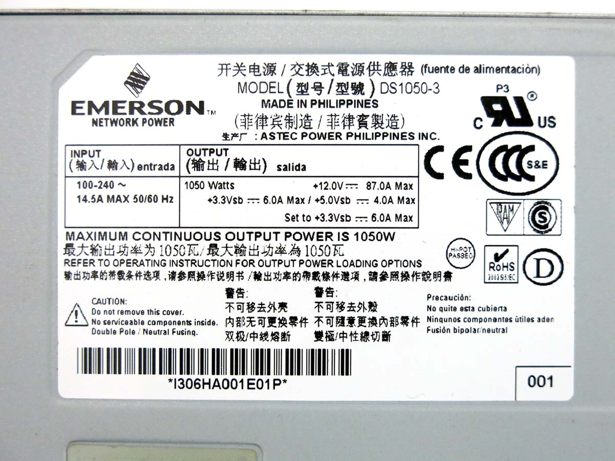 1050 Watt Power Supply Emerson Network Power Gold 92% Efficiency DS1050-3